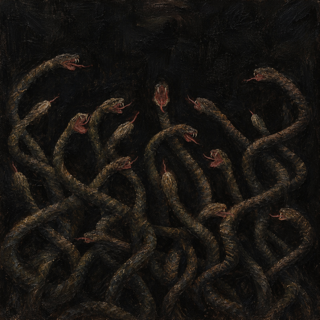 The Serpents, a dark artwork with many intertwined snakes, shown in an elegant black frame